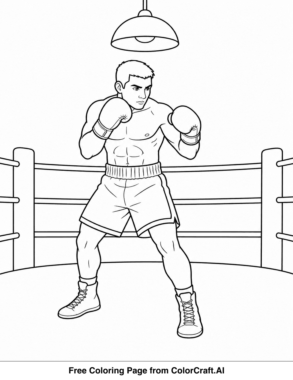 Line drawing of a boxer in a fighting pose inside a boxing ring, with a spotlight overhead.