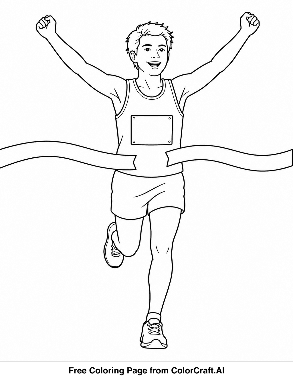 Line drawing of a happy runner crossing a finish line with arms raised, wearing a bib.