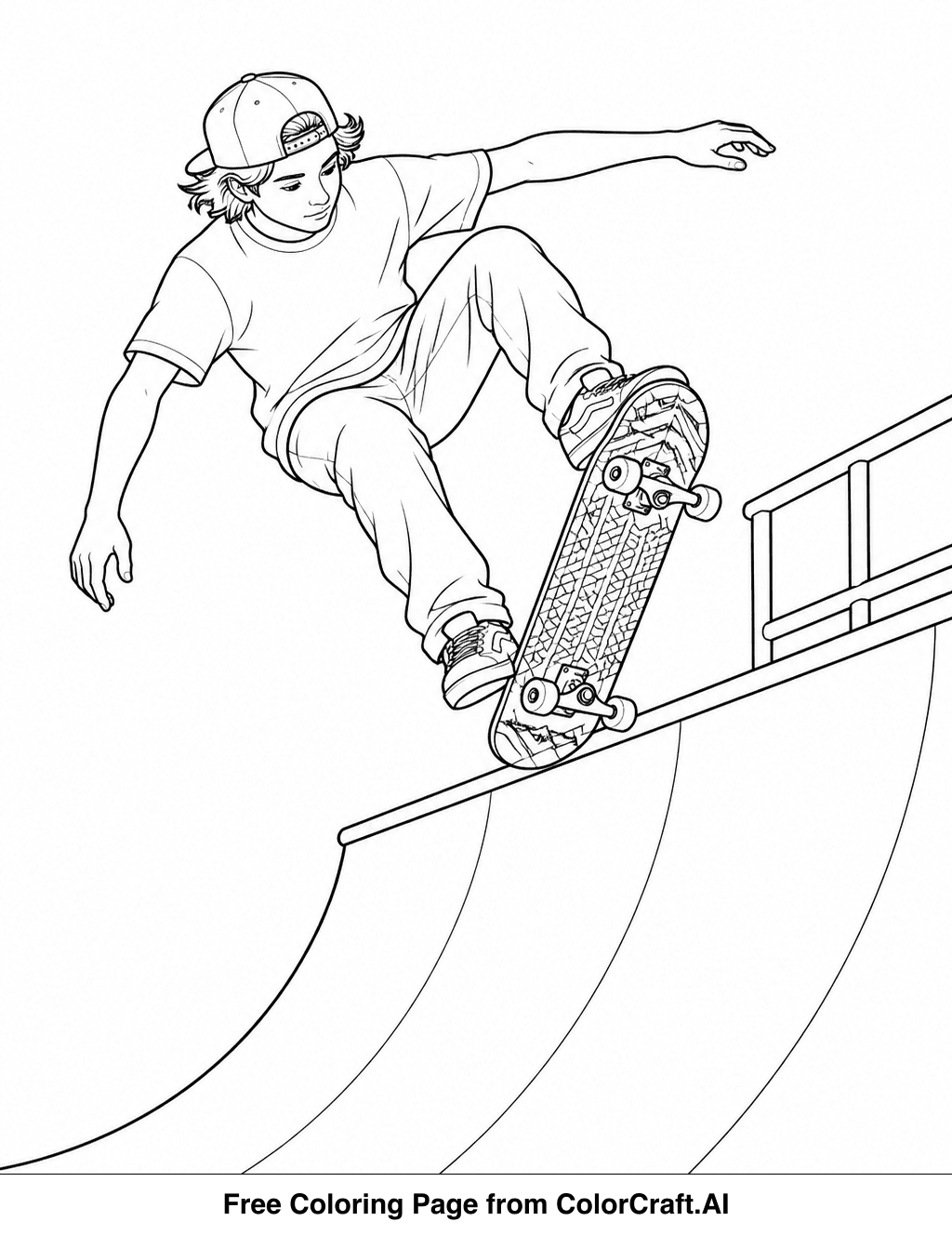 Line drawing of a skateboarder executing a trick on a half-pipe ramp, with detailed grip tape.