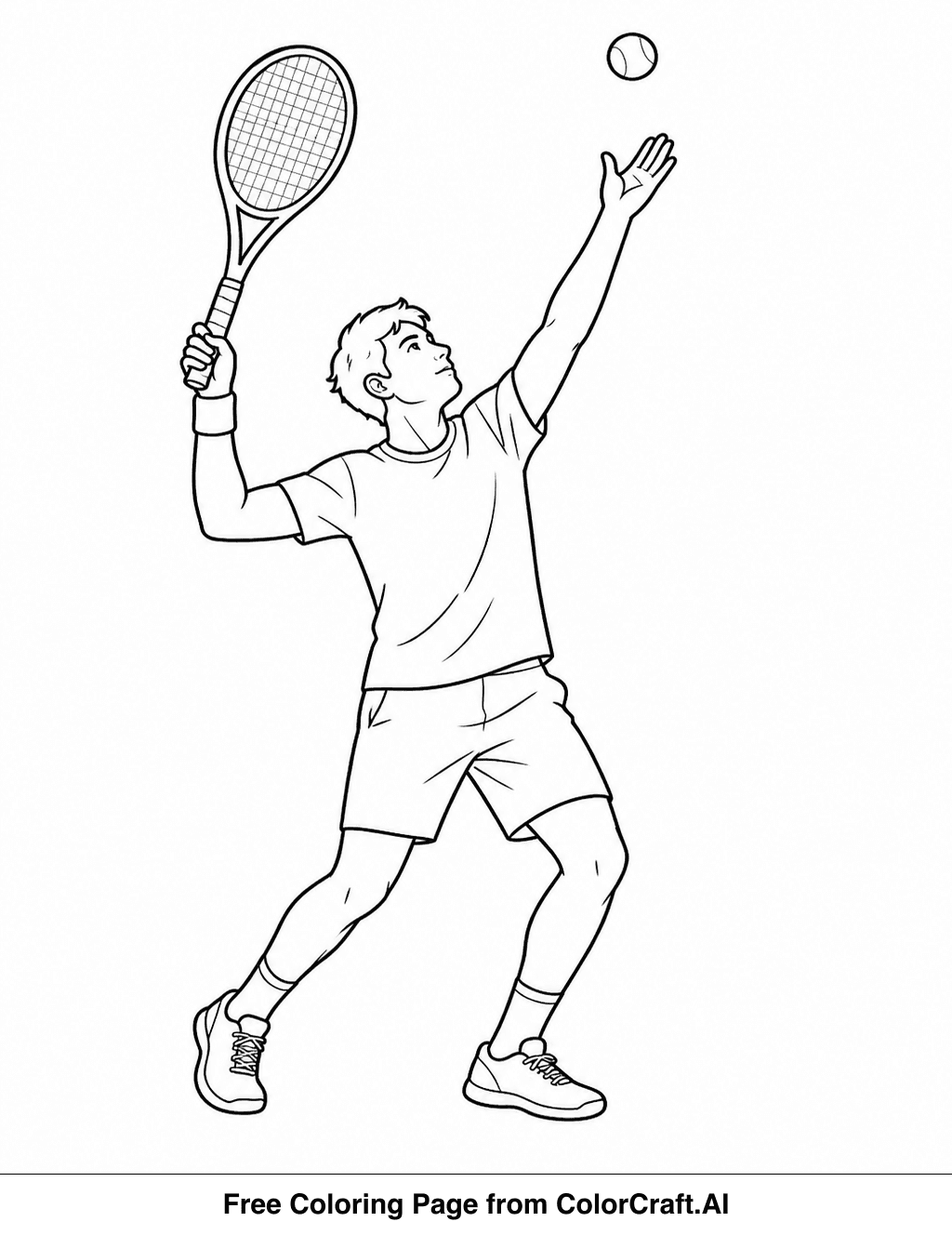 Line drawing of a tennis player in mid-serve, racket raised high, ready to hit the ball.