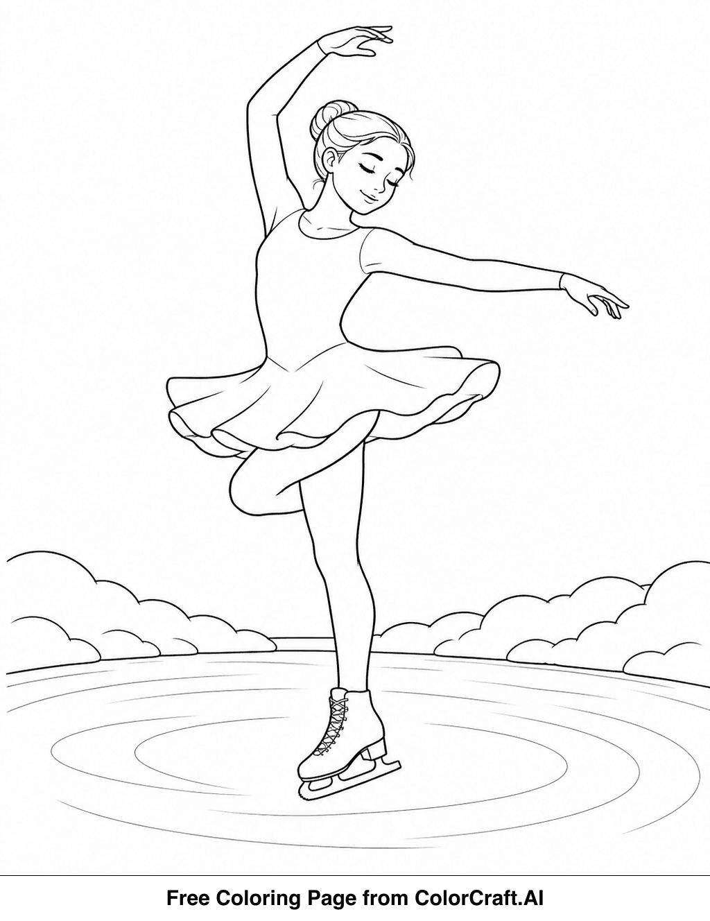 Line drawing of an ice skater performing a spin on a frozen pond with snowbanks.