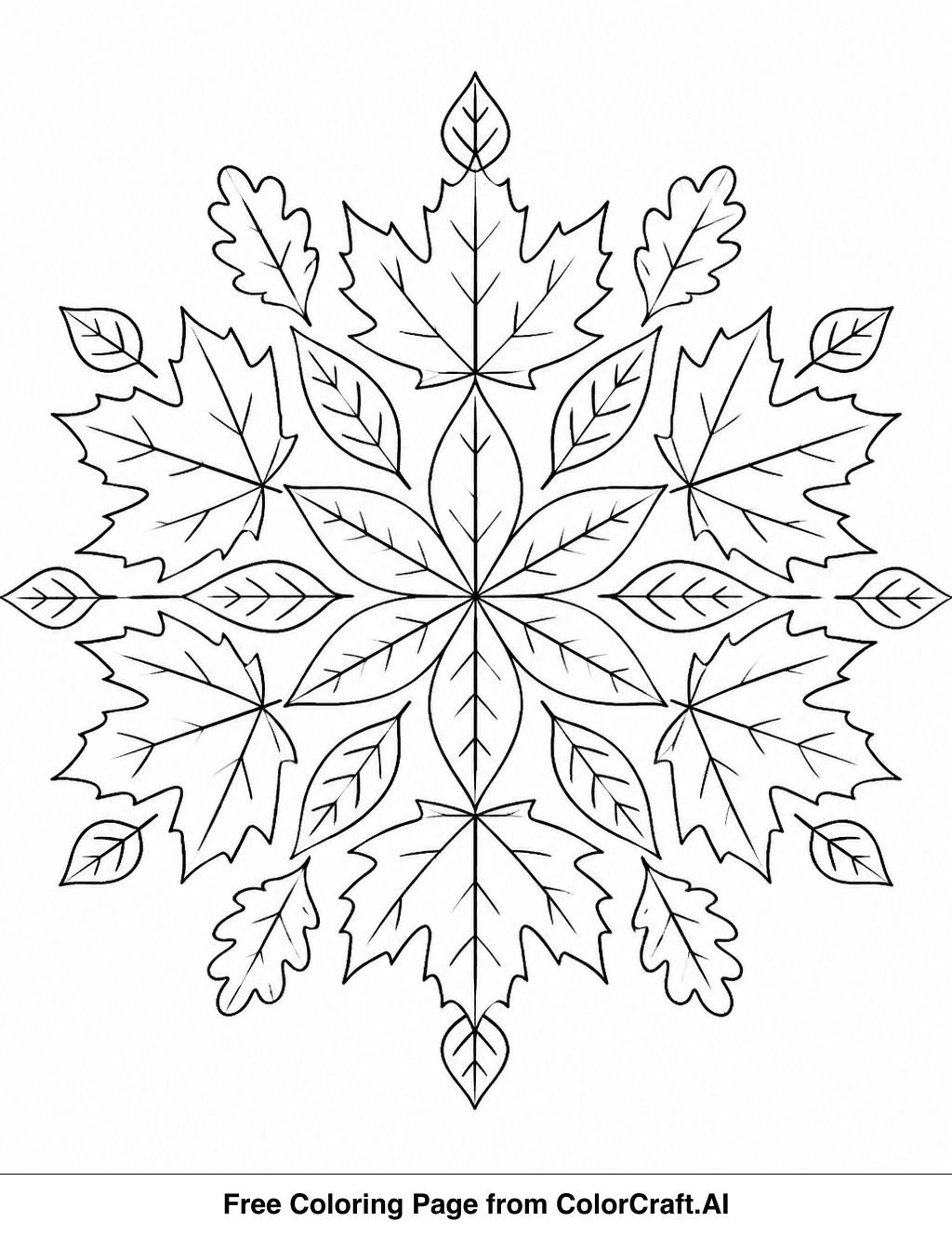 Line drawing of a mandala with many detailed autumn leaves forming a circular pattern.