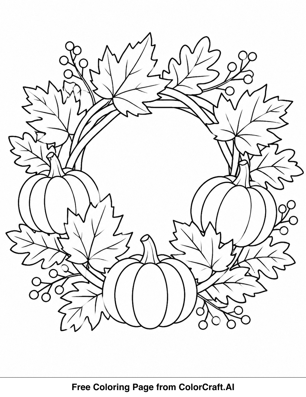 Line drawing of a circular autumn wreath with leaves, berries, and seasonal elements for coloring.