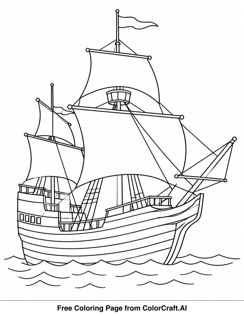 Line drawing of the Mayflower ship with sails full, sailing on waves, for a coloring page.