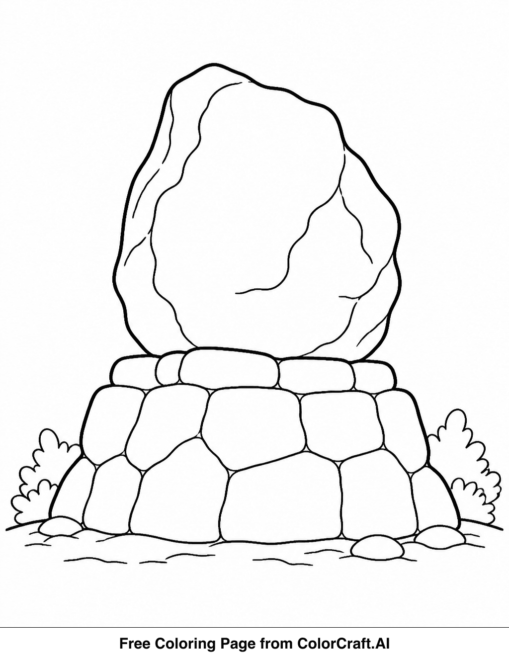 Line art drawing of Plymouth Rock, a large boulder, with a memorial structure above it.
