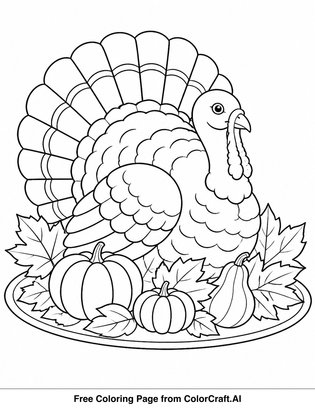Line drawing of a Thanksgiving turkey centerpiece with decorative elements, ready for coloring.