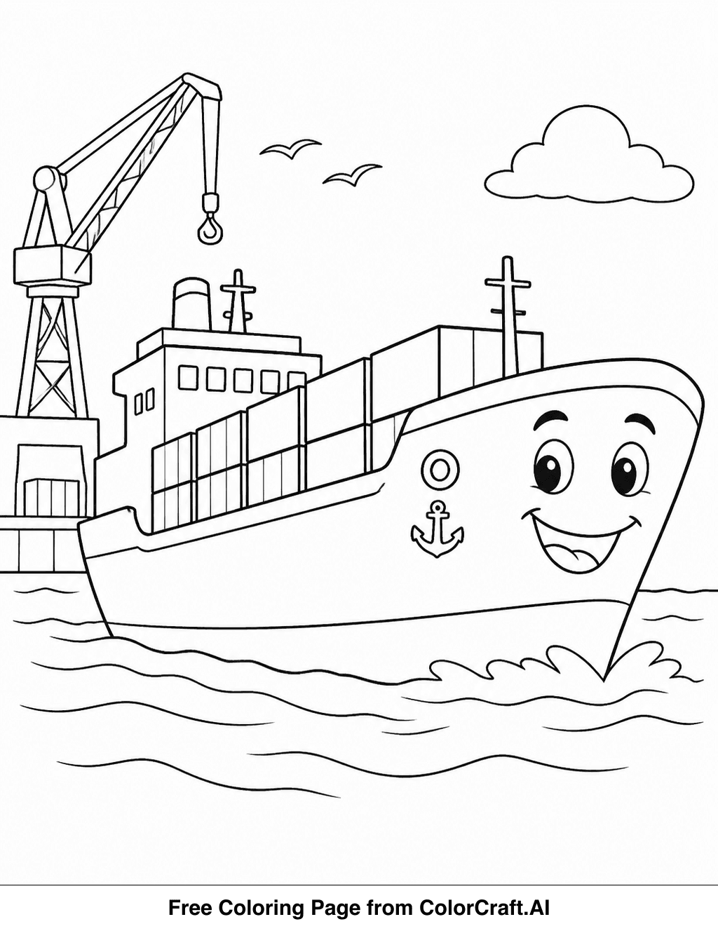 Line drawing of a large cargo ship with many containers, departing a busy harbor.