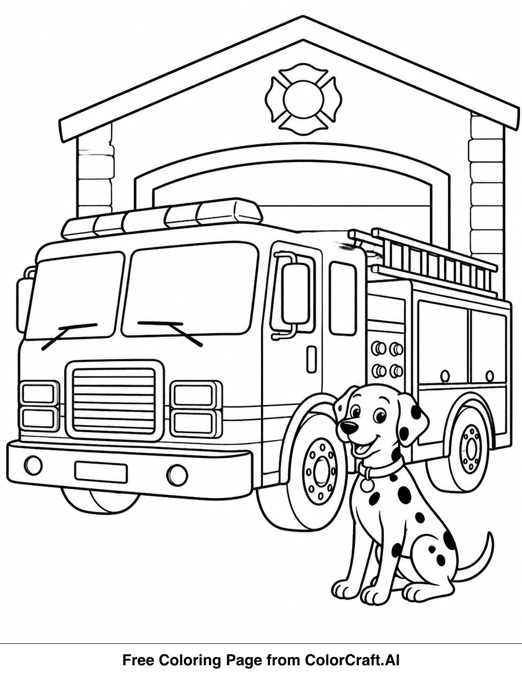 Line drawing of a fire truck parked by a station, with a friendly dog standing next to it, for coloring.