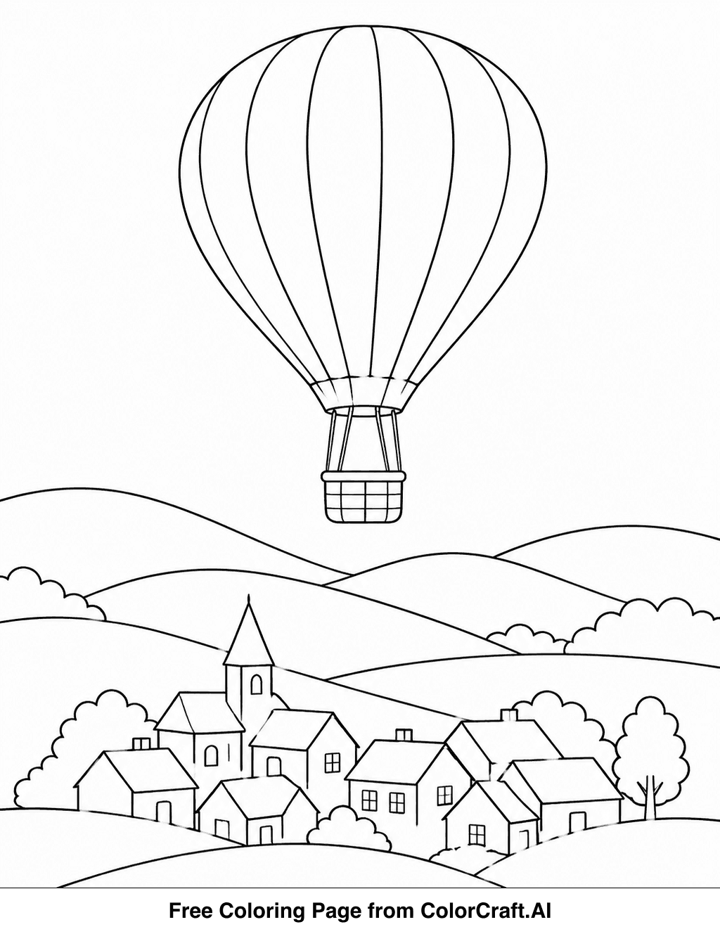 Line drawing of a hot-air balloon drifting over rolling hills with a village in the distance.