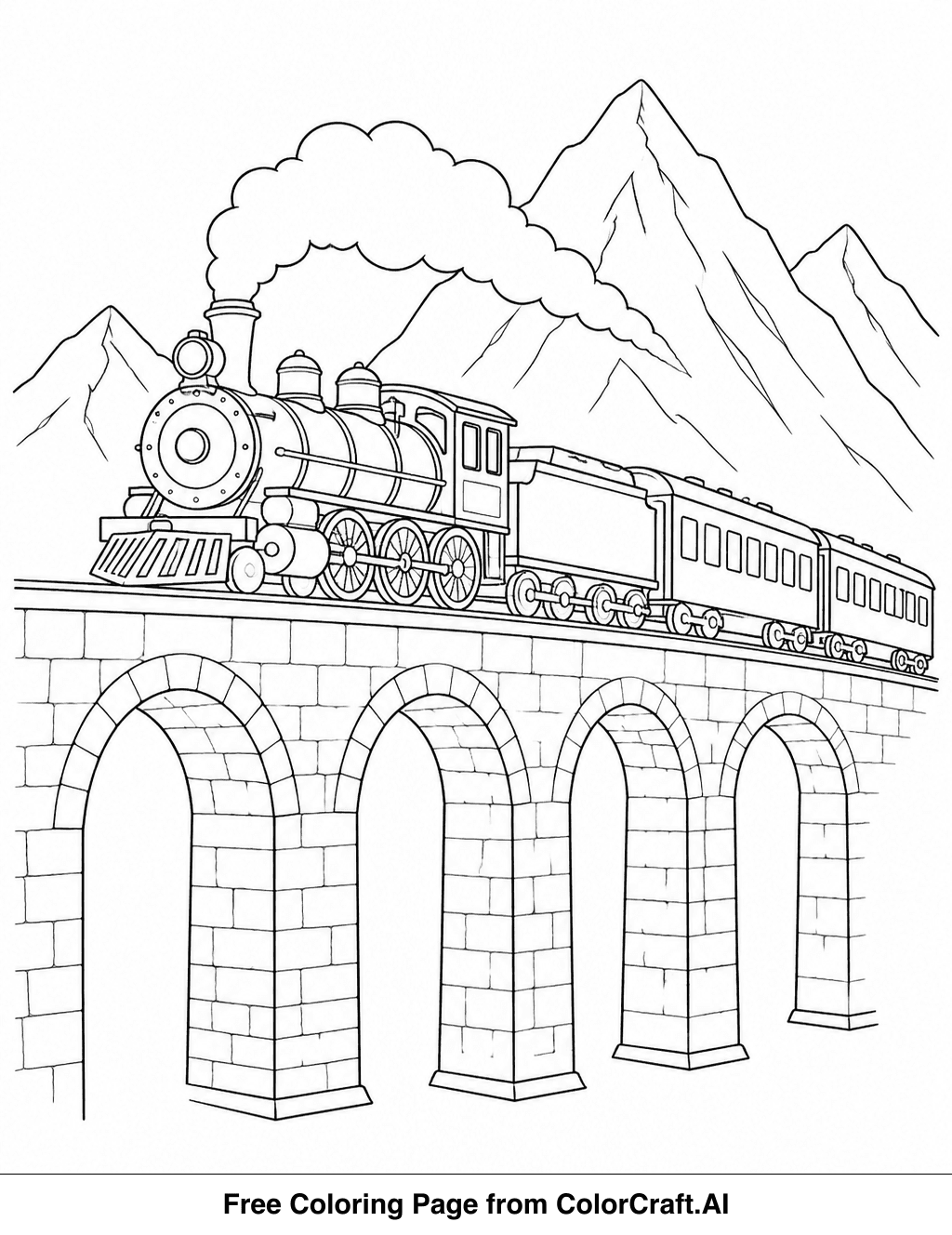 Line drawing of a steam locomotive crossing a tall stone viaduct with mountains in the background.