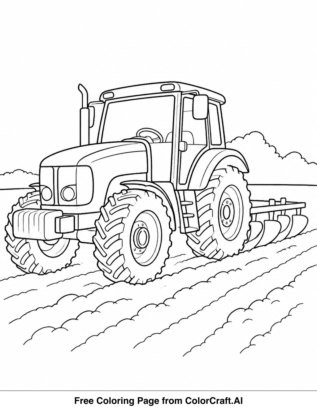 Line drawing of a farm tractor with large wheels, plowing a field, ready for coloring.