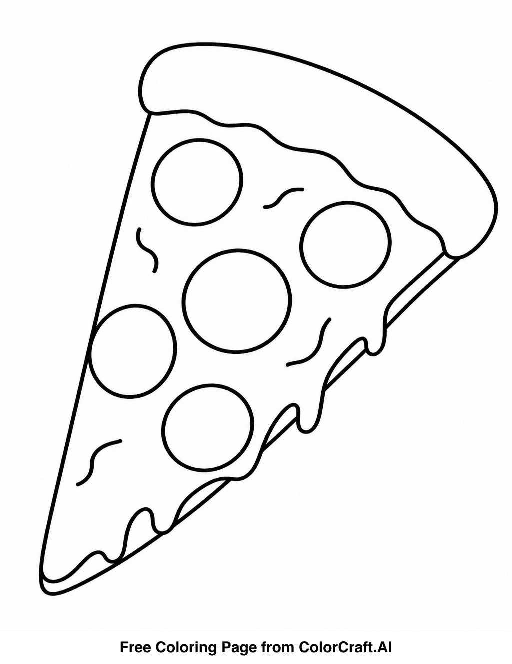 Simple outline drawing of a pizza slice with crust and toppings, ready for coloring.
