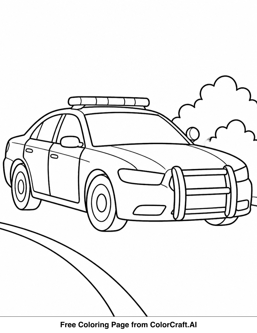Line drawing of a police car with flashing lights and siren, ready to be colored.