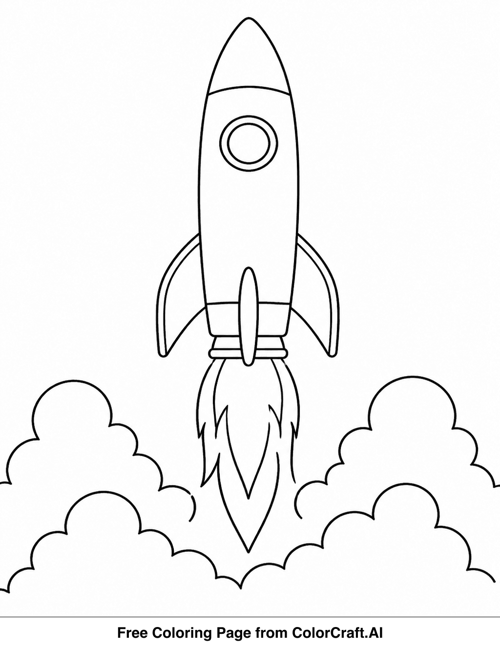 Line drawing of a large rocket ship on a launchpad with flames and smoke.