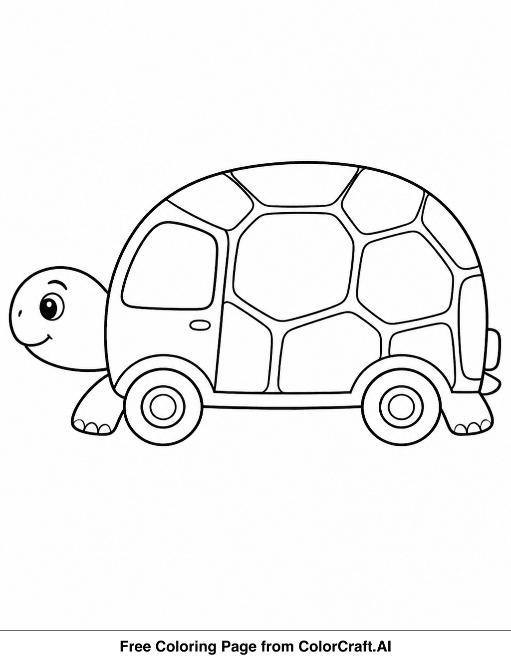 Simple line art drawing of a turtle-shaped van shown from the side, perfect for coloring.