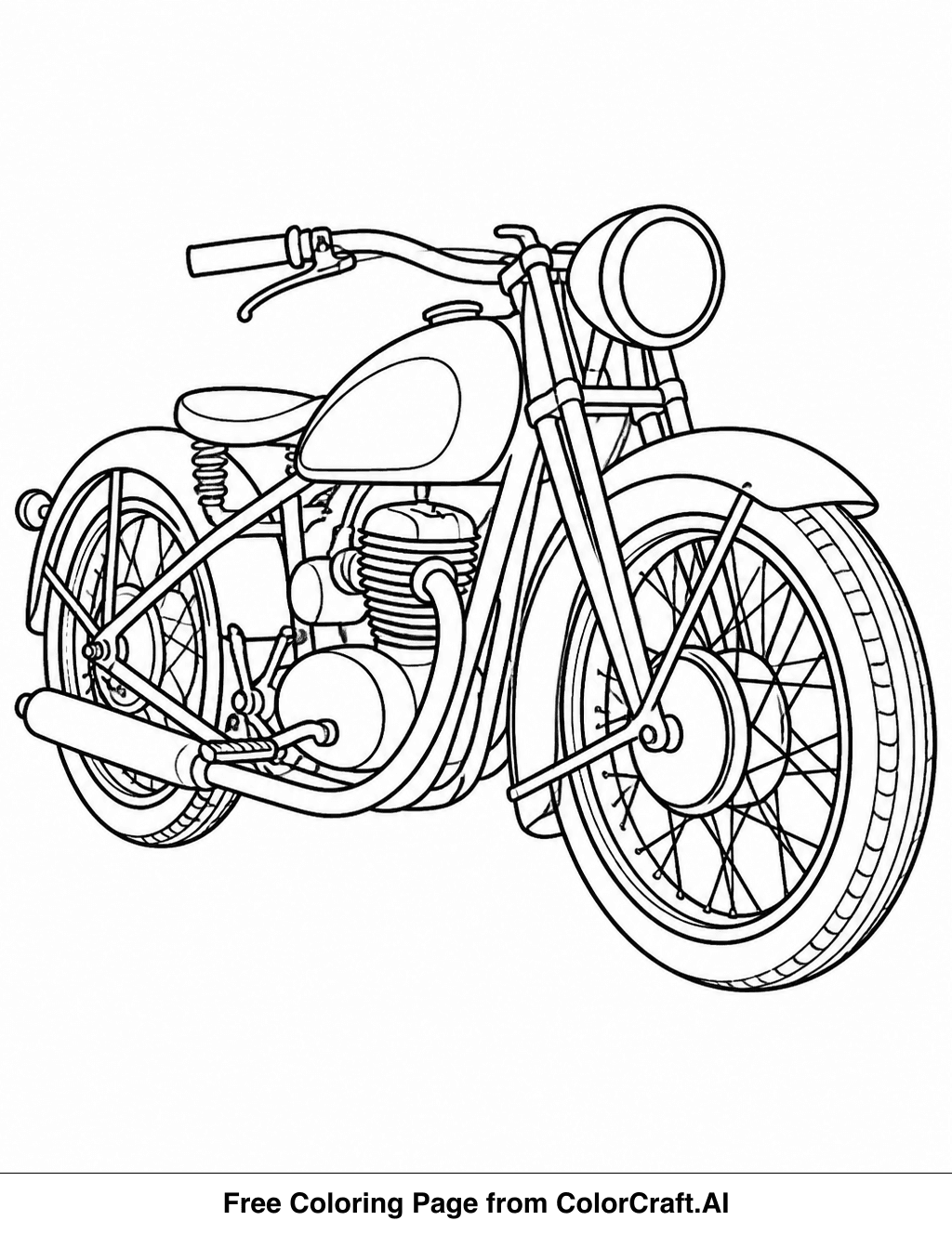 Black and white line drawing of a classic motorcycle with intricate details, ready for coloring.