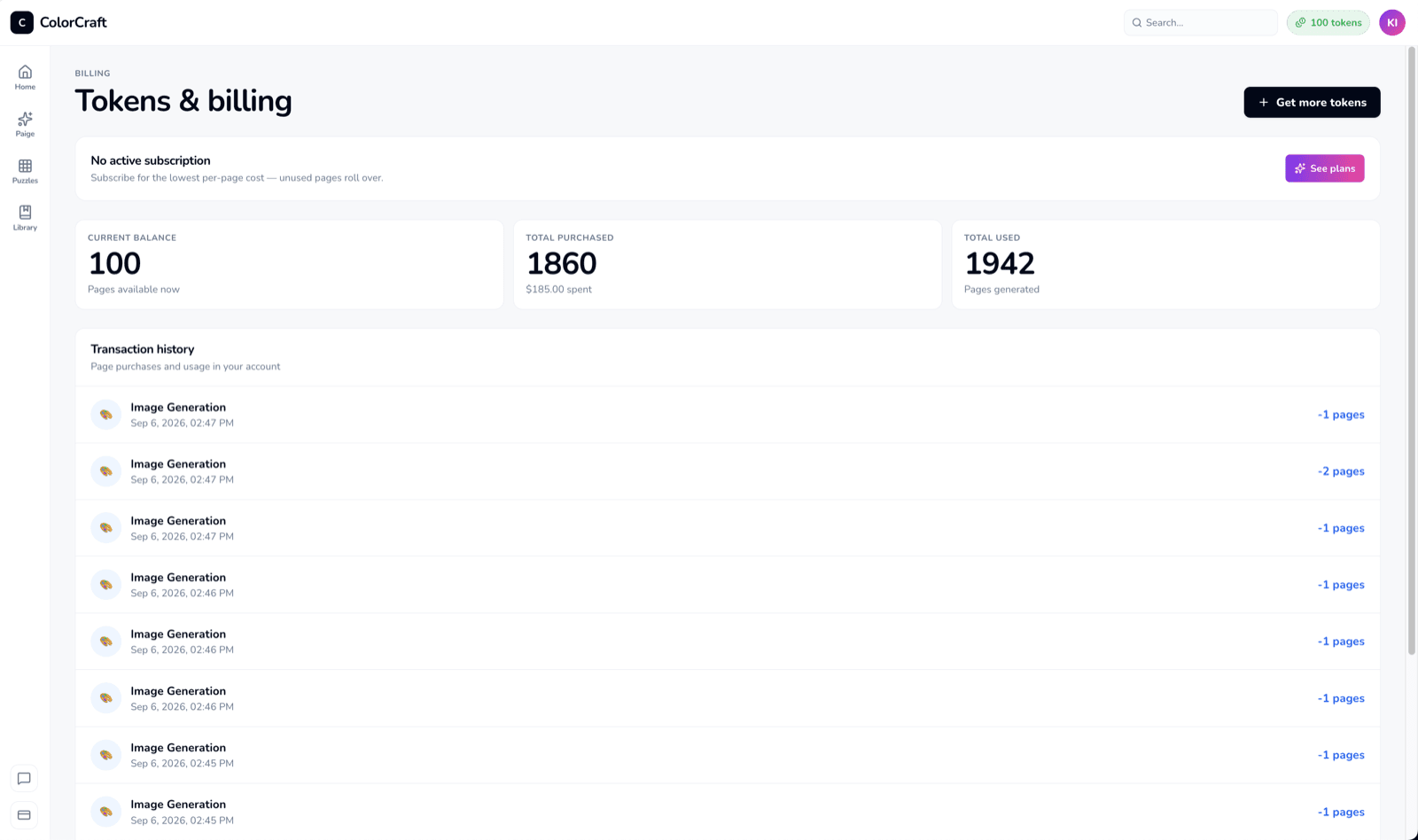 Billing page showing current plan, next renewal date, token balance, and transaction history.