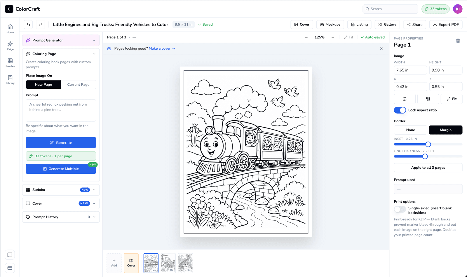 ColorCraft editor with left accordion sidebar, canvas, right inspector, and page strip.