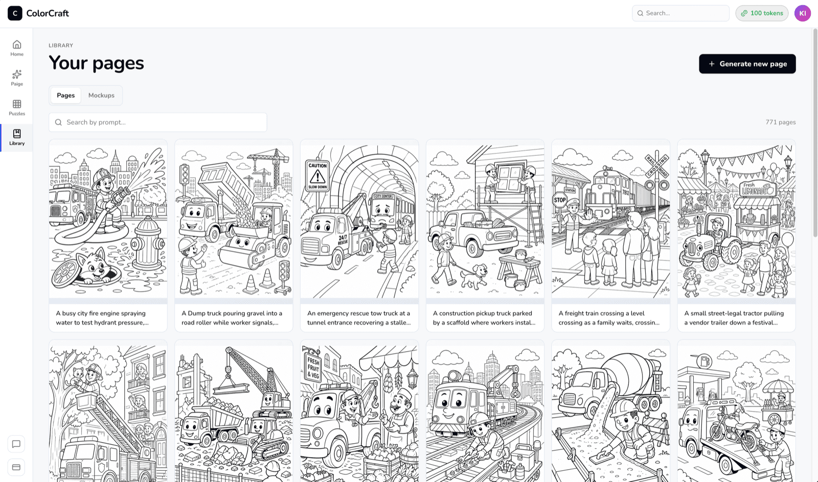 My Pages library grid with thumbnails of every generated page, tabs for Pages/Mockups, and a search bar.