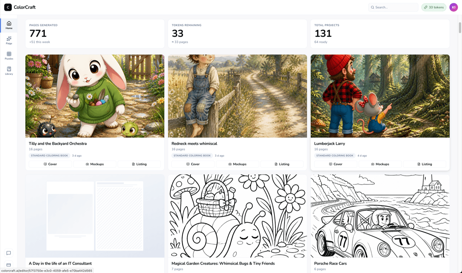 ColorCraft dashboard showing recent projects, quick-start tiles, and the sidebar navigation.