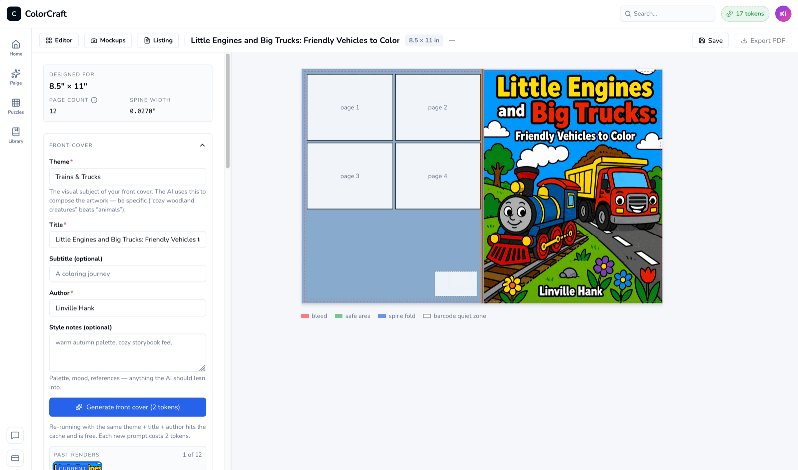 Cover editor with theme/title/author fields on the left and a live cover preview on the right.