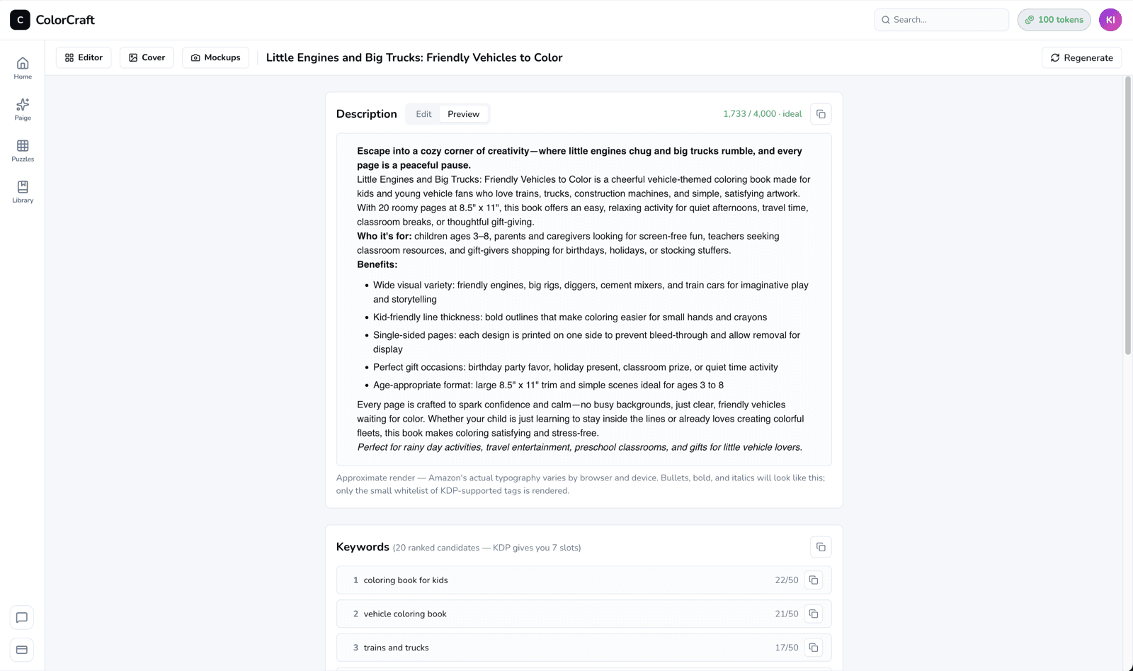 Listing preview showing the description rendered like an Amazon product page, plus the keyword picker.