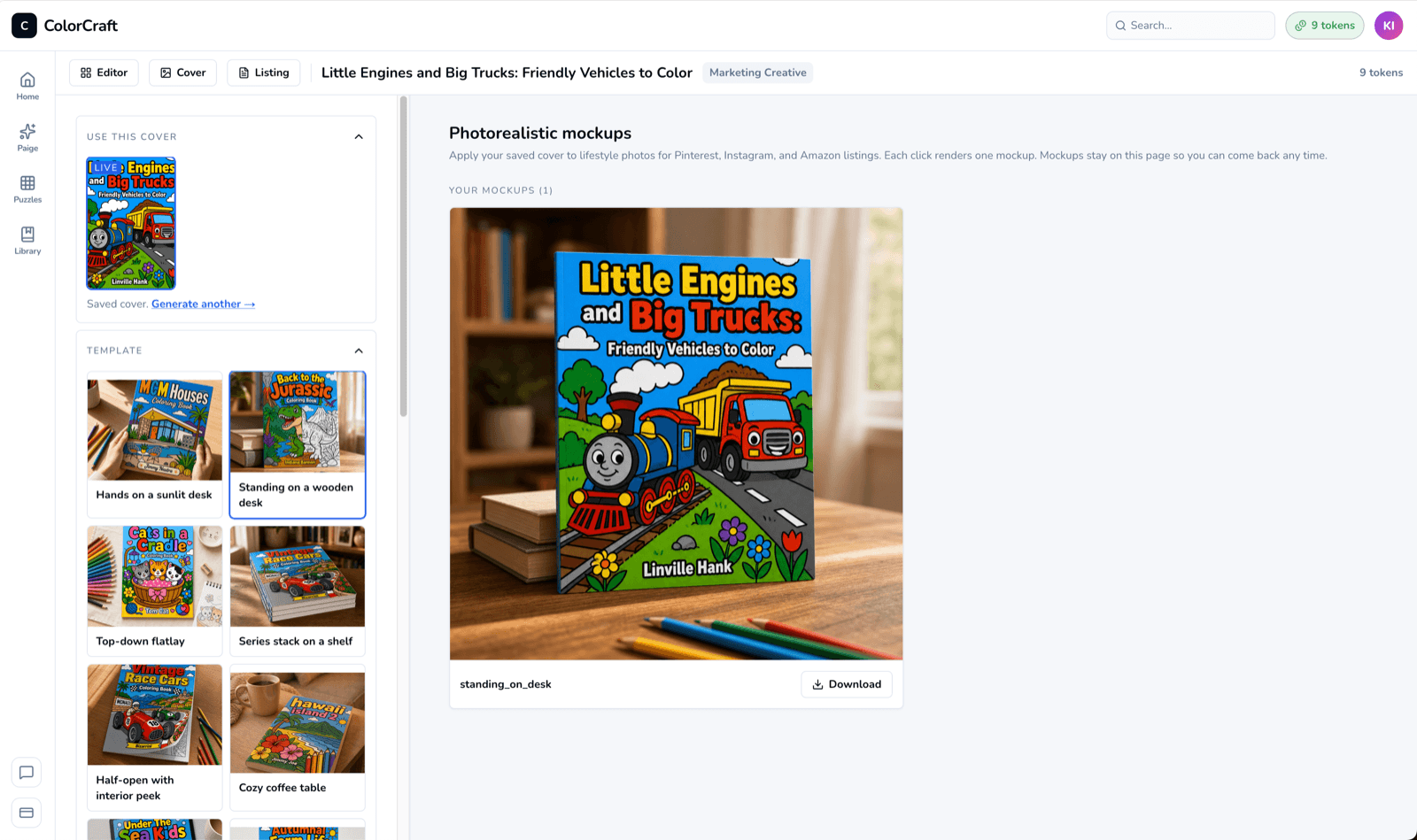 Mockup generator with template picker, interior page selector, and orientation controls.