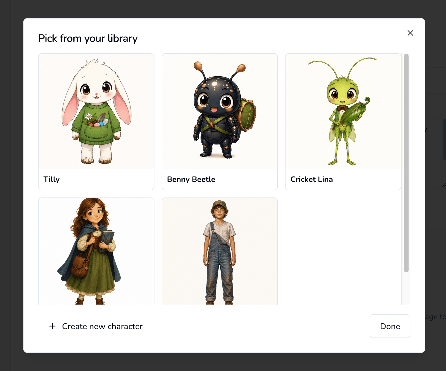 Character picker inside a storybook brief showing multiple selectable characters.