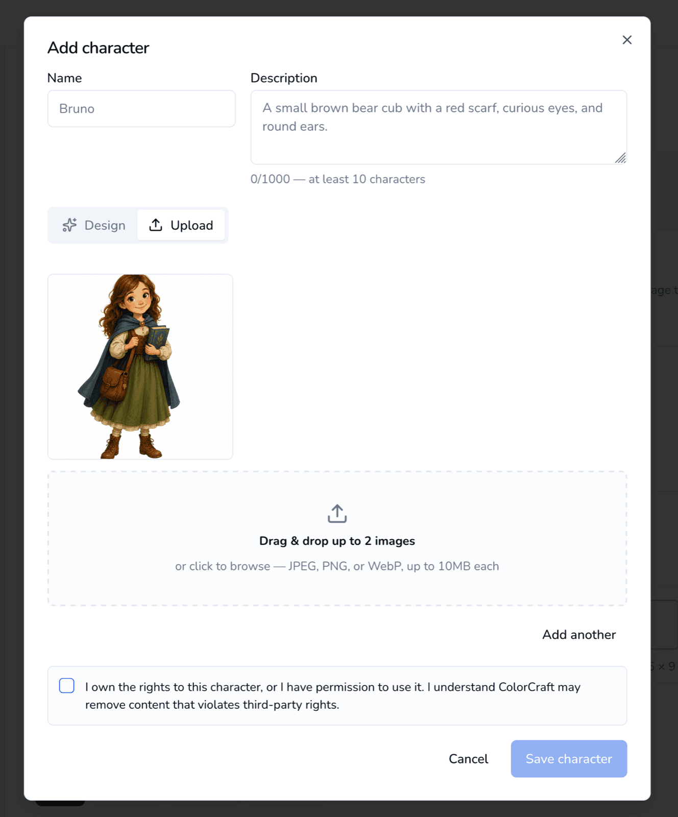 Character detail with name, description, and multiple reference images.
