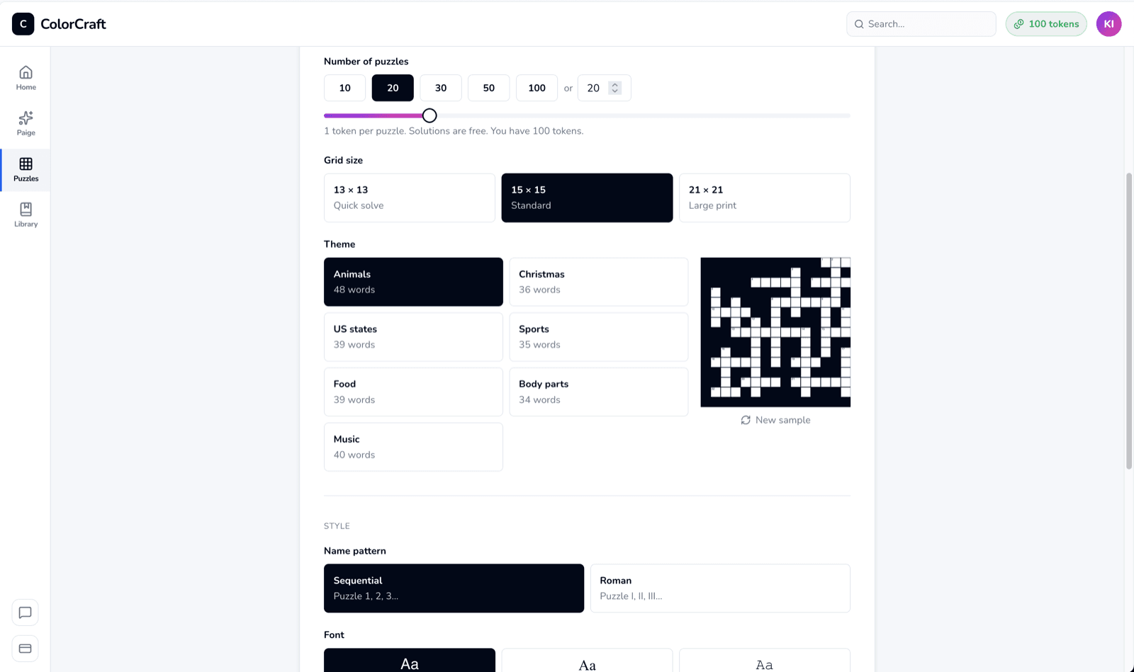 Crossword wizard with wordlist theme, grid size, count, and trim controls.