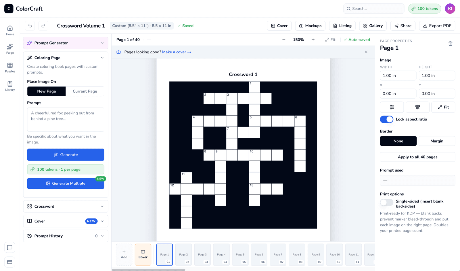 Crossword page open in the editor with the numbered grid and across/down clues.