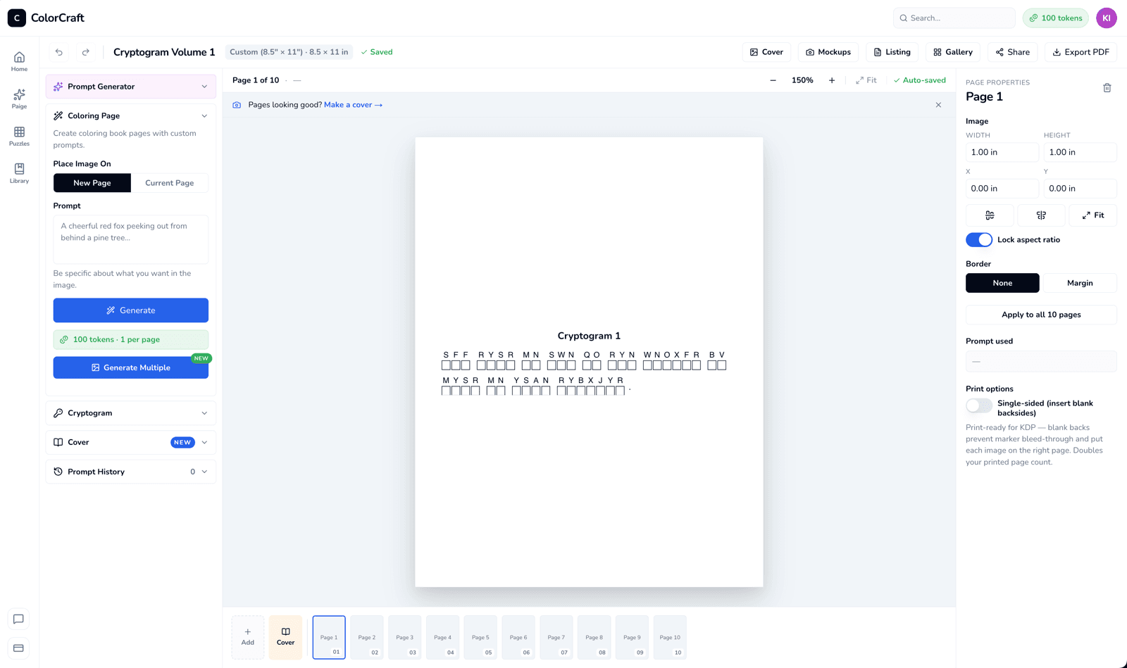 Cryptogram page in the editor with encoded quote and a substitution key.