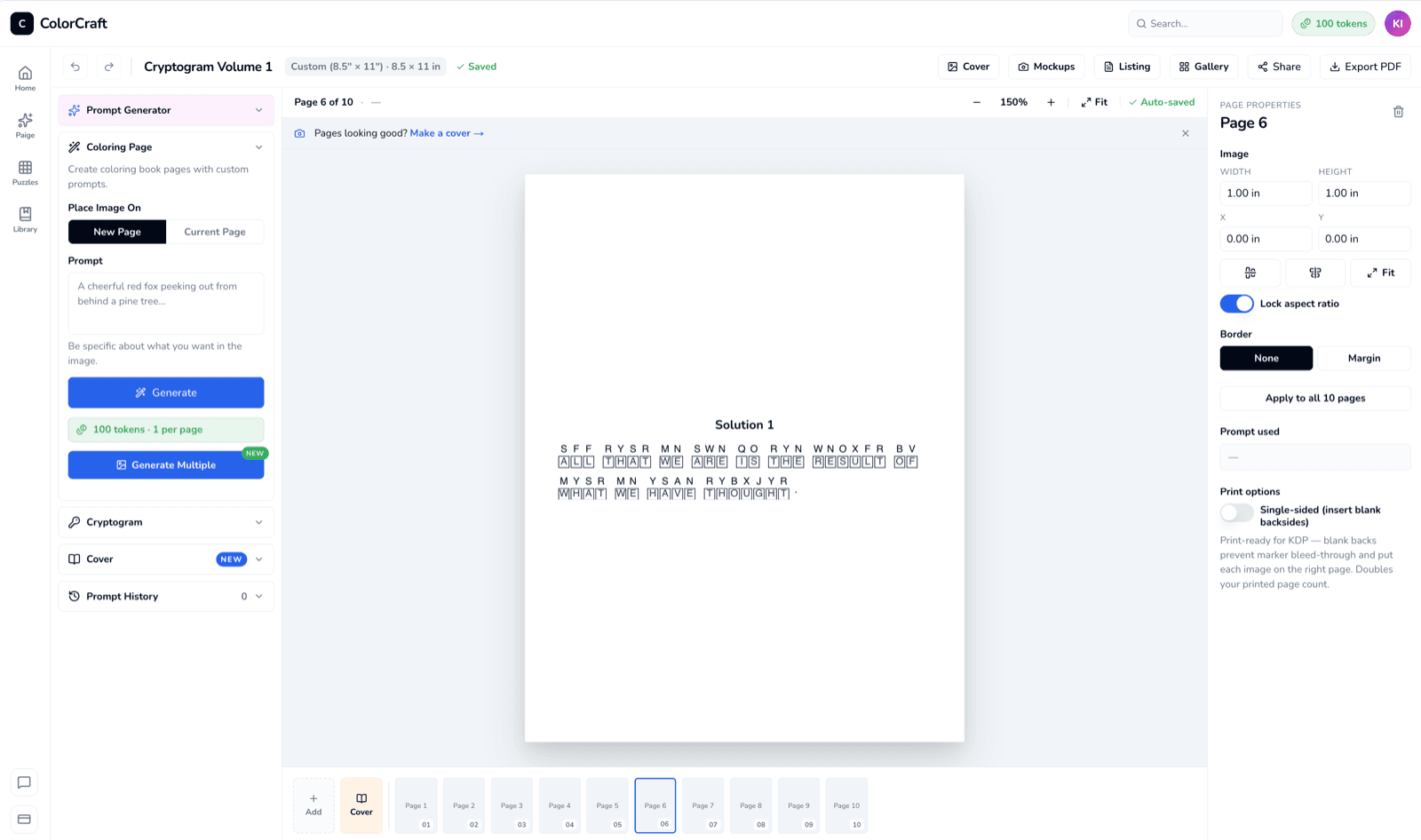 Cryptogram solution page showing the decoded original quote.