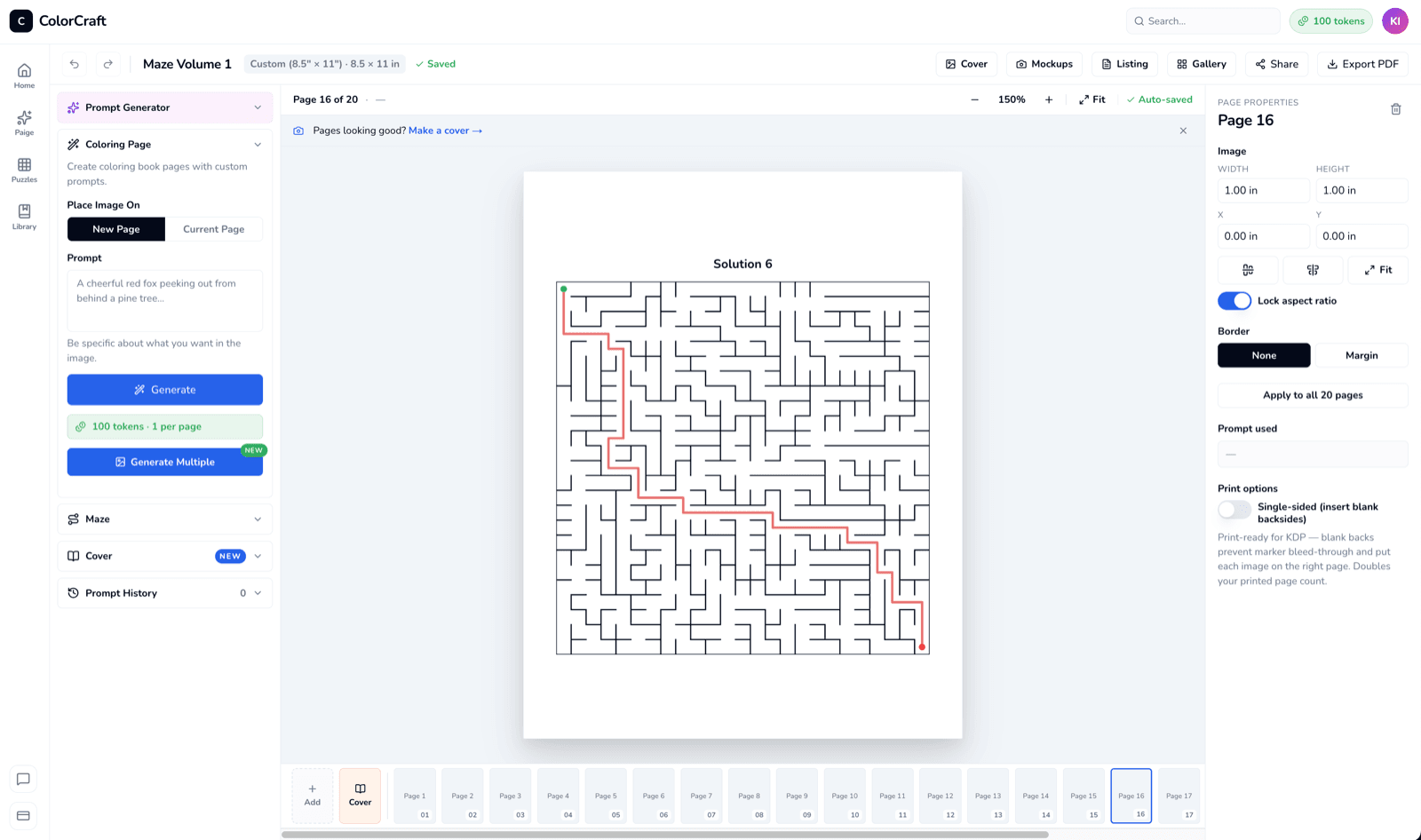 Maze solution page showing the maze with a red path overlay from start to finish.