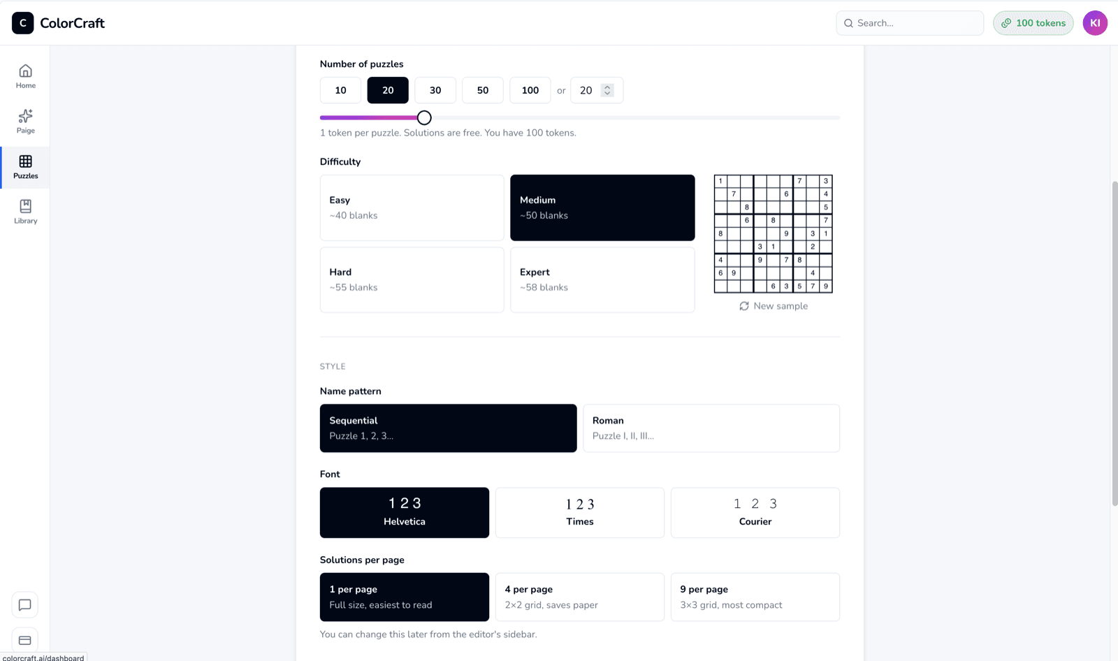 Sudoku wizard with difficulty, count, font, trim, and solutions-per-page controls.