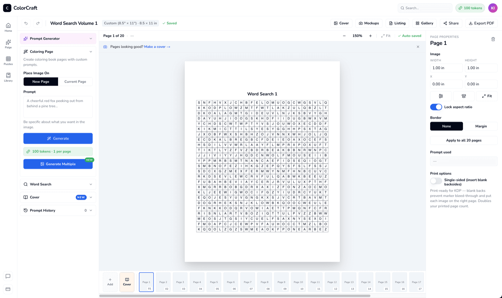 Word search puzzle open in the editor: grid on top, word list below.