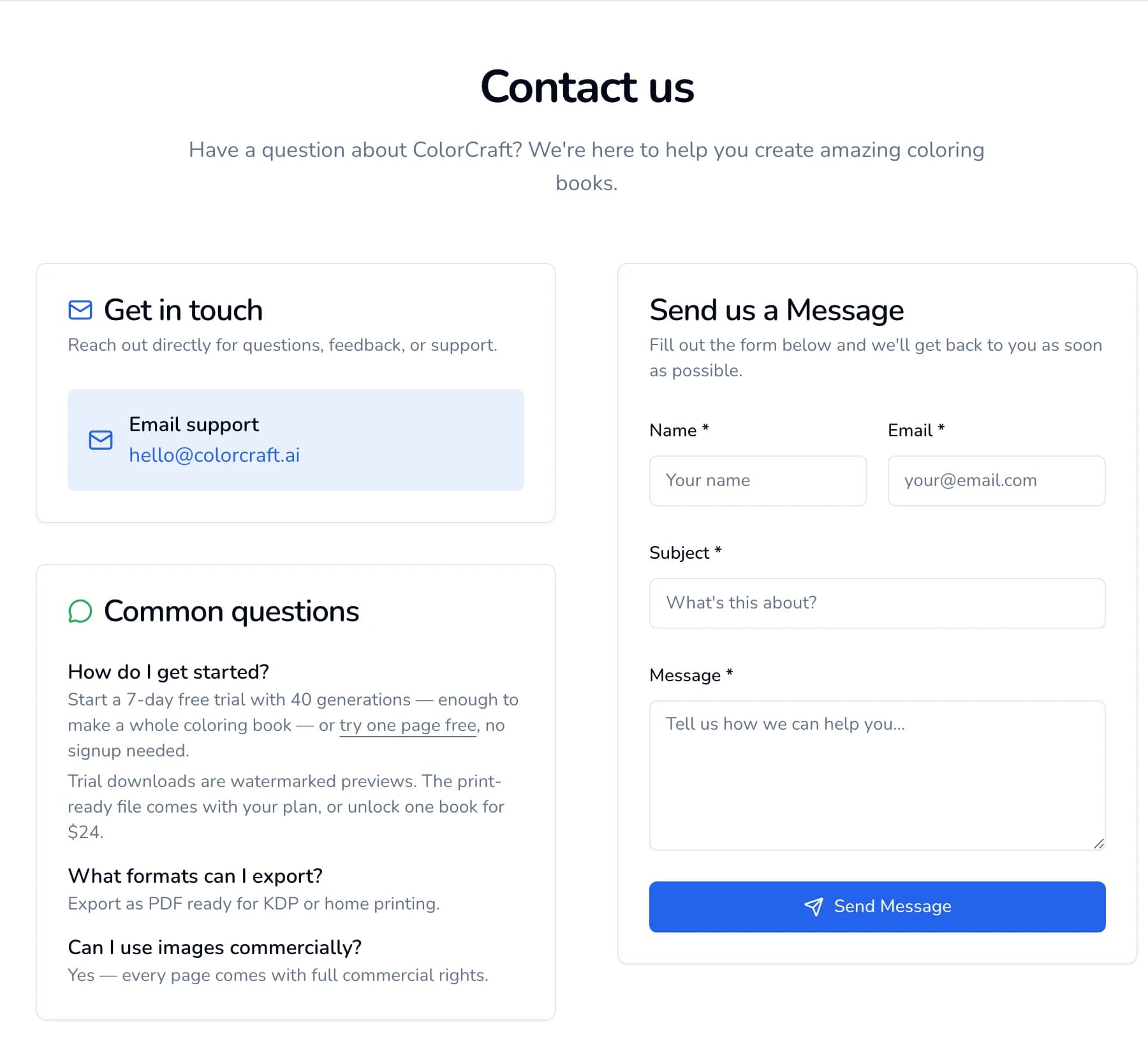The contact page: a Get in touch card with the email address, Common questions, and the Send us a Message form with Name, Email, Subject, Message and Send Message.