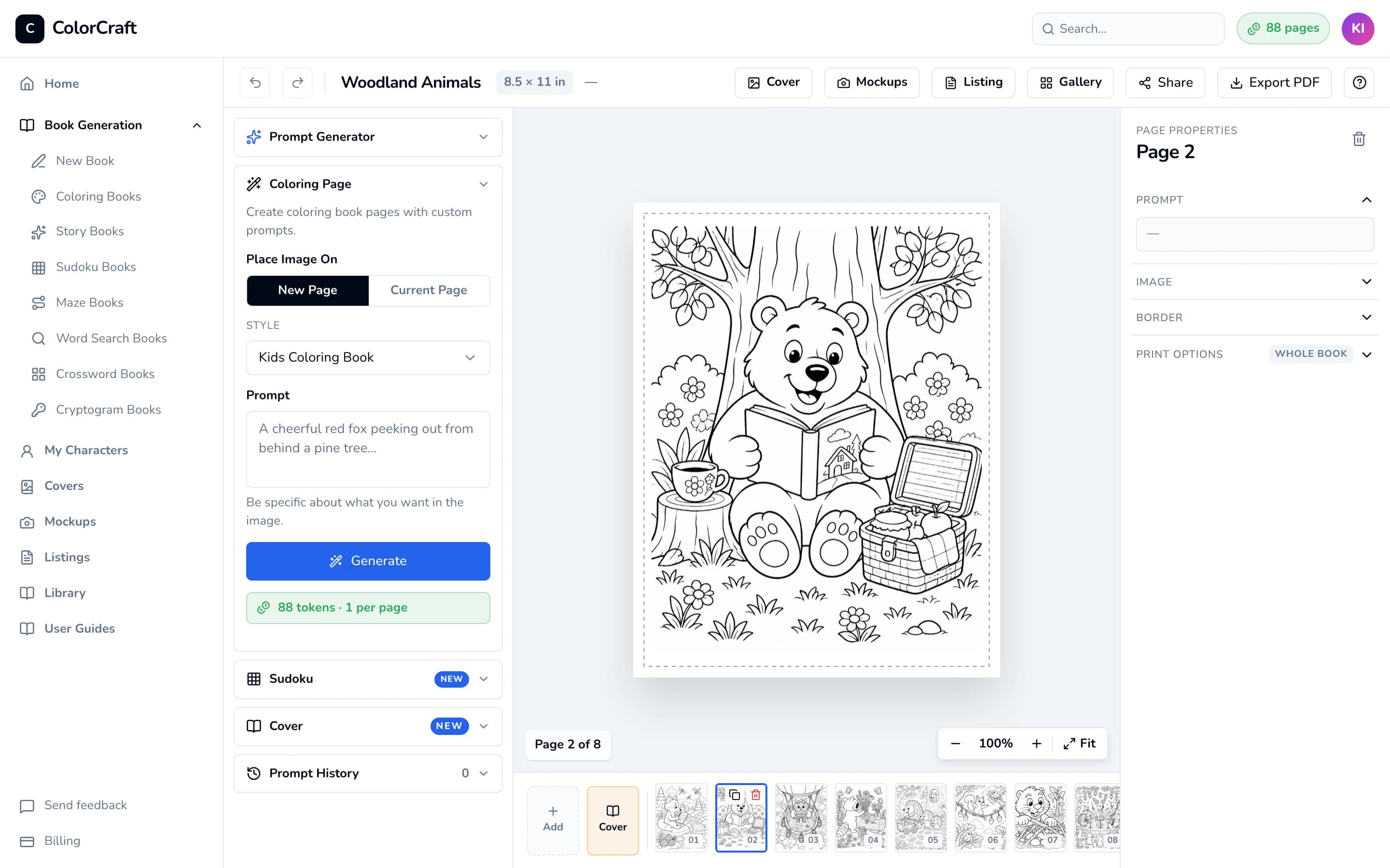 The ColorCraft editor with a woodland coloring book open: top bar, left sidebar with the Coloring Page panel, the page in the middle, Page Properties on the right, and the page strip along the bottom.