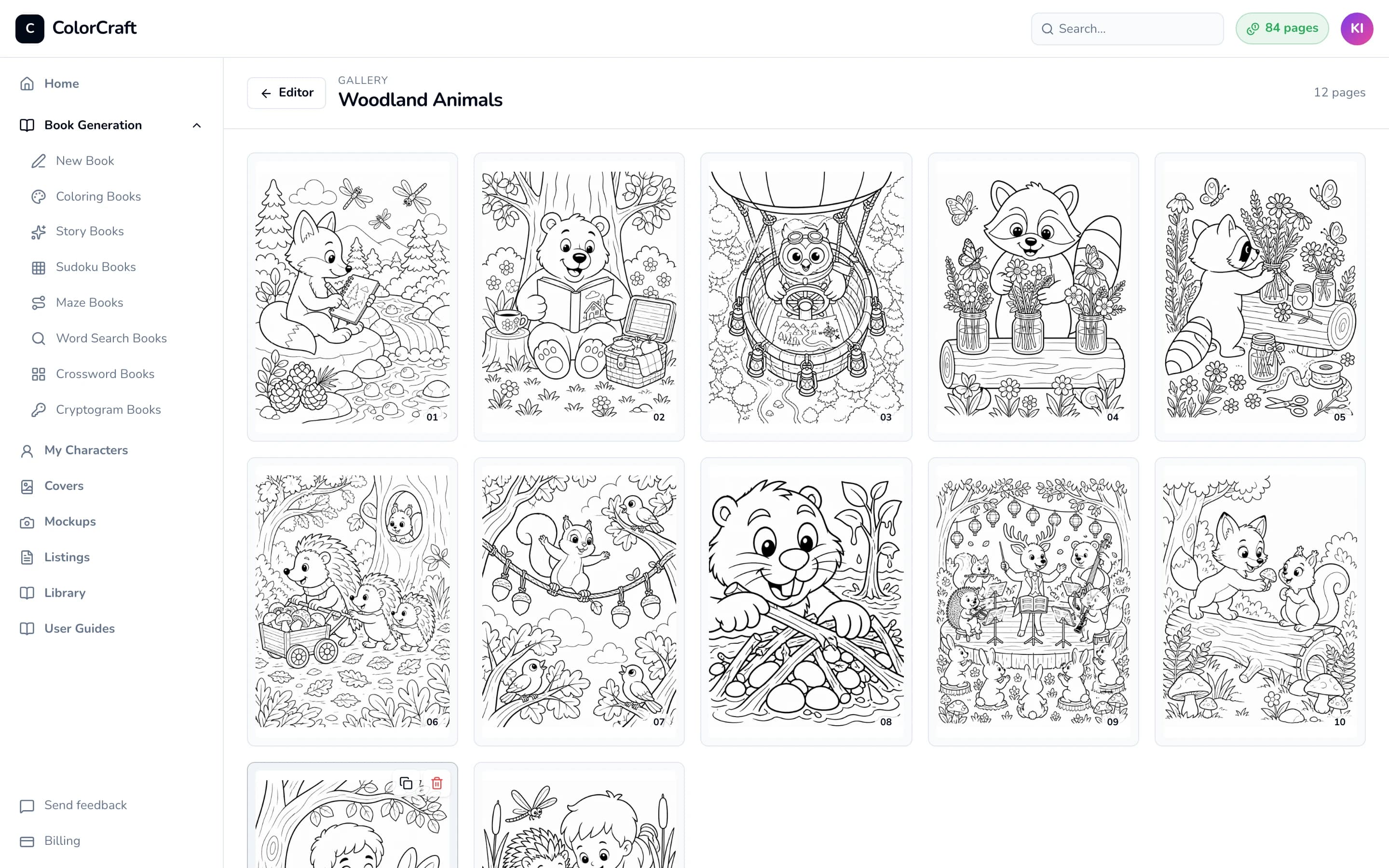 Gallery view showing every page of the book as a grid of cards.