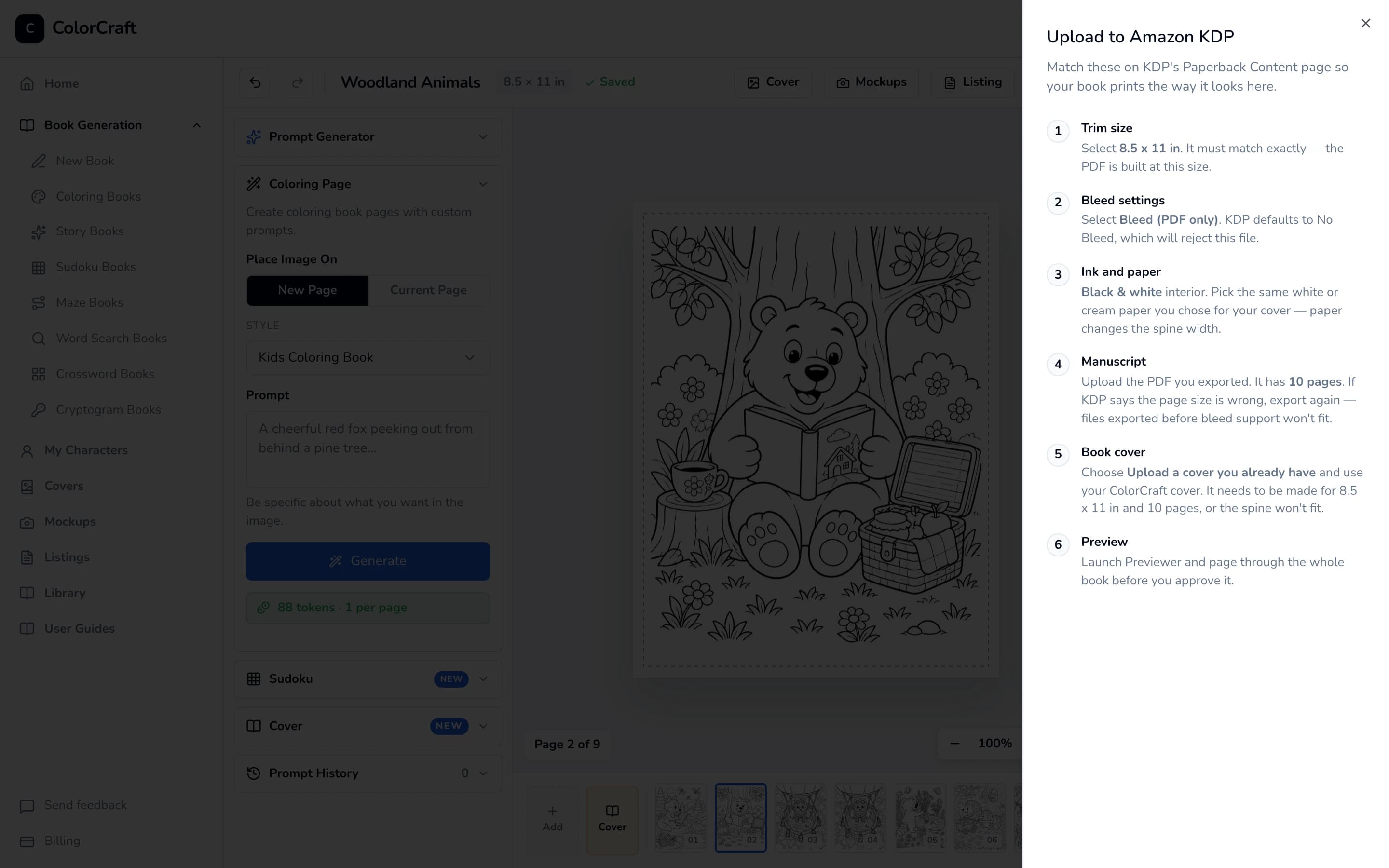 The Upload to Amazon KDP panel in the editor listing six steps: Trim size, Bleed settings, Ink and paper, Manuscript, Book cover, Preview.