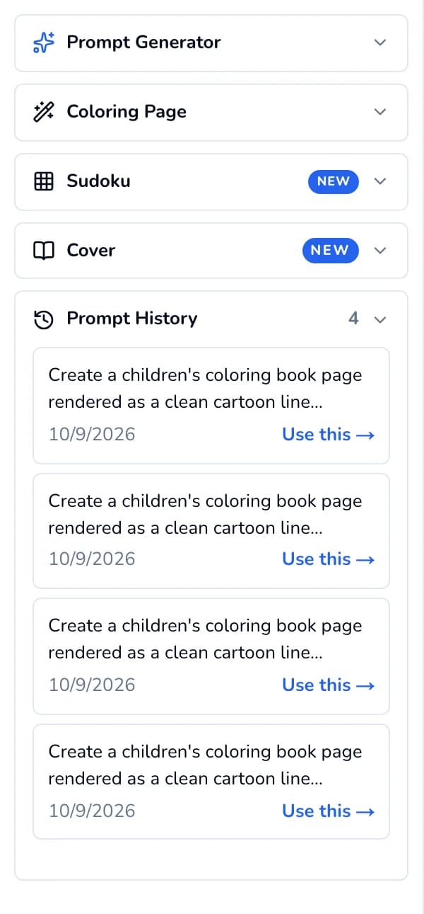 Prompt History panel listing four prompts, each with a date and a Use this link.