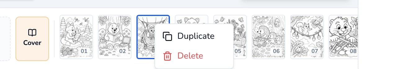 Page strip with a right-click menu open on page 3, offering Duplicate and Delete.