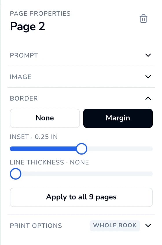 Border section with Margin selected, Inset at 0.25 inches, a Line thickness slider and an Apply to all 9 pages button.