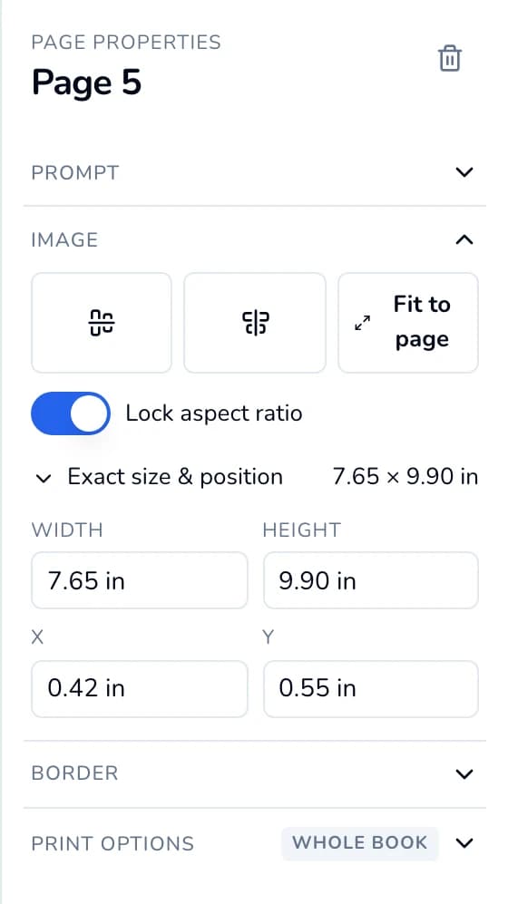 Image section: center buttons, Fit to page, Lock aspect ratio switch, and Exact size and position with Width, Height, X and Y.