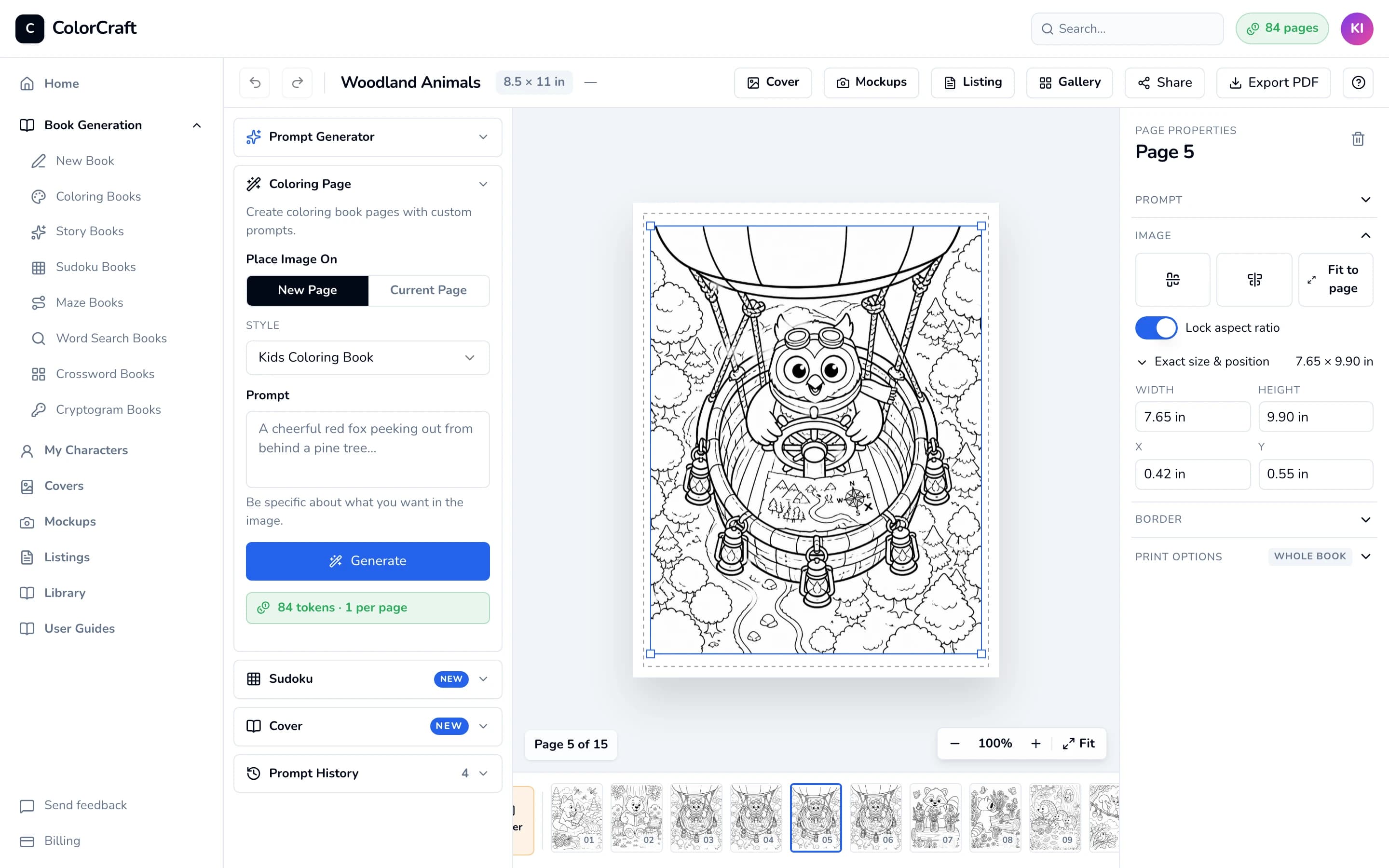 Editor with the picture selected on the page (blue handles) and the Image section open in the right sidebar.