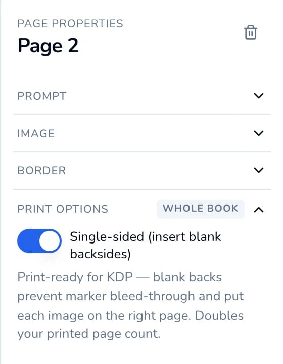 Print options section, marked Whole book, with the Single-sided (insert blank backsides) switch turned on.