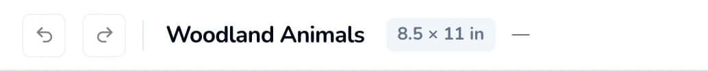 Left half of the editor top bar: Undo and Redo arrows, the book title, the page-size pill and the save status.