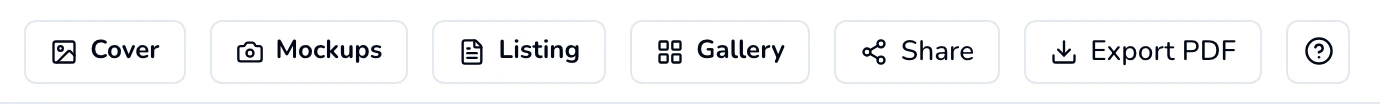 Right half of the editor top bar: Cover, Mockups, Listing, Gallery, Share, Export PDF and a question-mark help button.