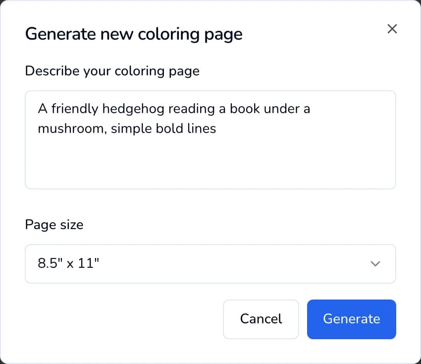 The Generate new coloring page window with a description box, a Page size menu set to 8.5x11, and Cancel and Generate buttons.
