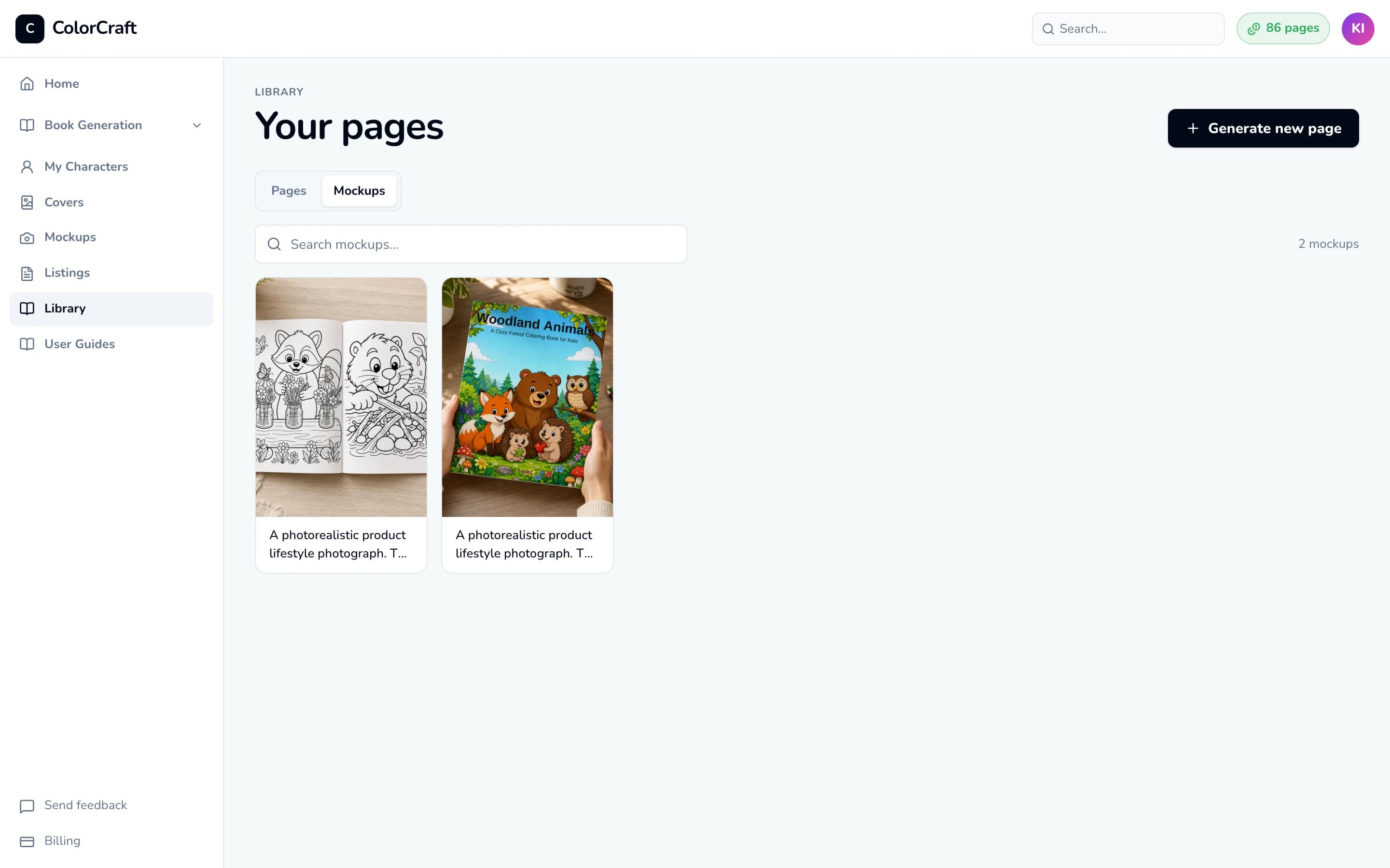 The Library's Mockups tab showing two book mockups.